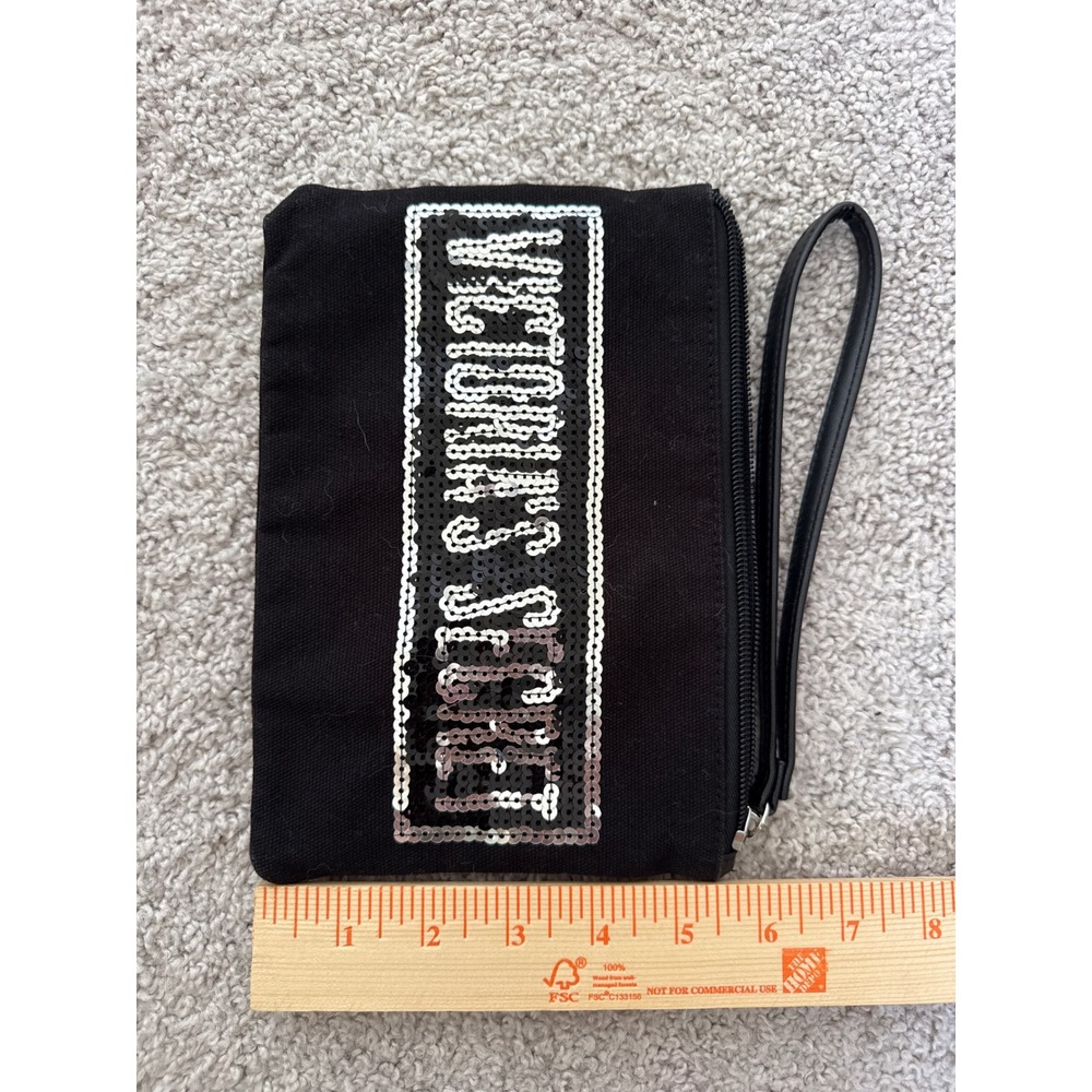 Victorias Secret Black Canvas Sequin Logo Wristlet Pouch Zipper Clutch Bag - Picture 3 of 5